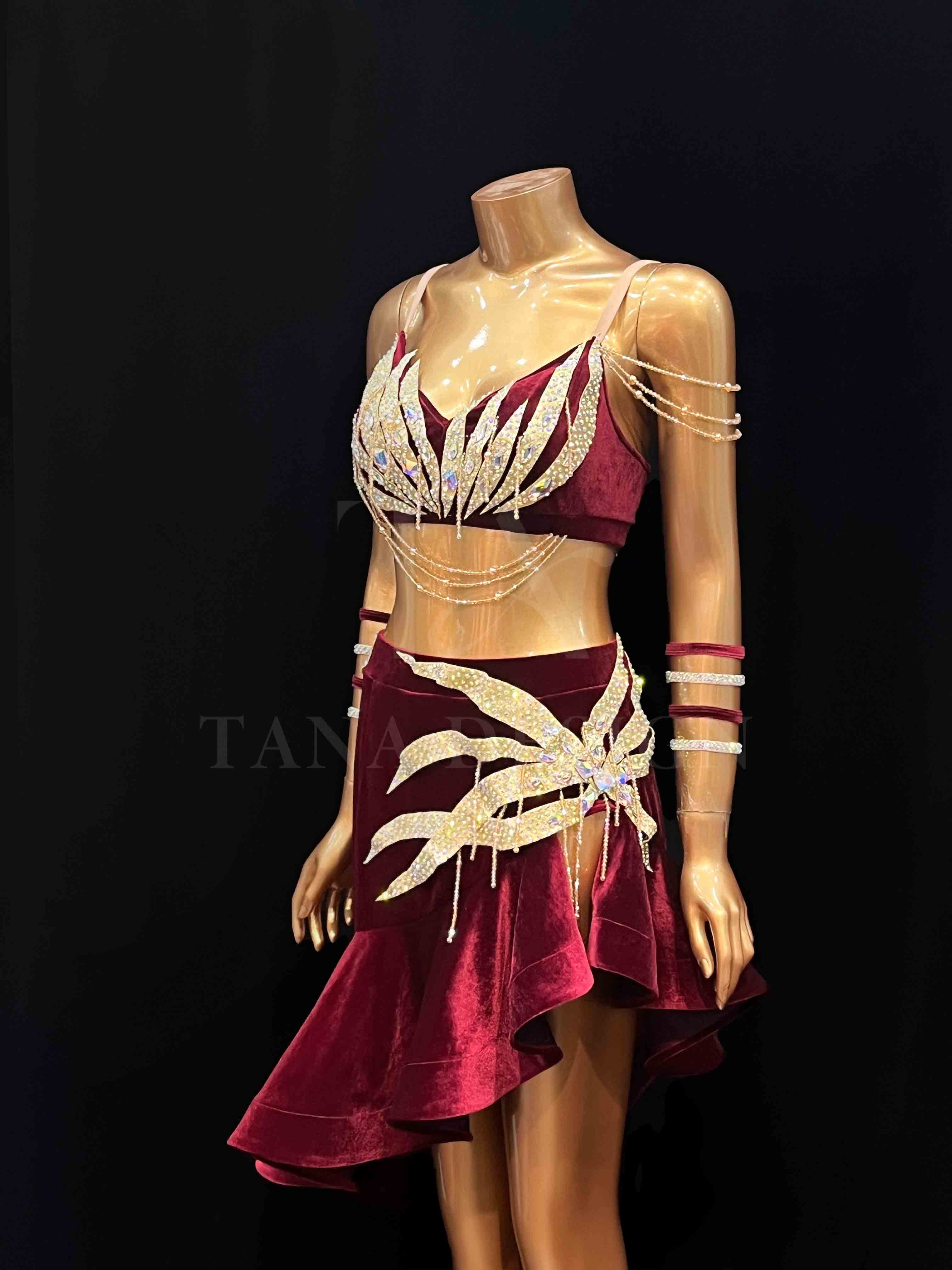 Women Competion Latin Ballroom Dance Dress - Smooth, Salsa, Rumba, Swing - TANA Velvet, Open Back, Beaded Fringe Dancewear (2) Custom-Women-Competion-Latin-Ballroom-Dance-Dress-Smooth-Salsa-Rumba-Swing-TANA-Velvet-Open-Back-Beaded-Fringe-Dancewear-