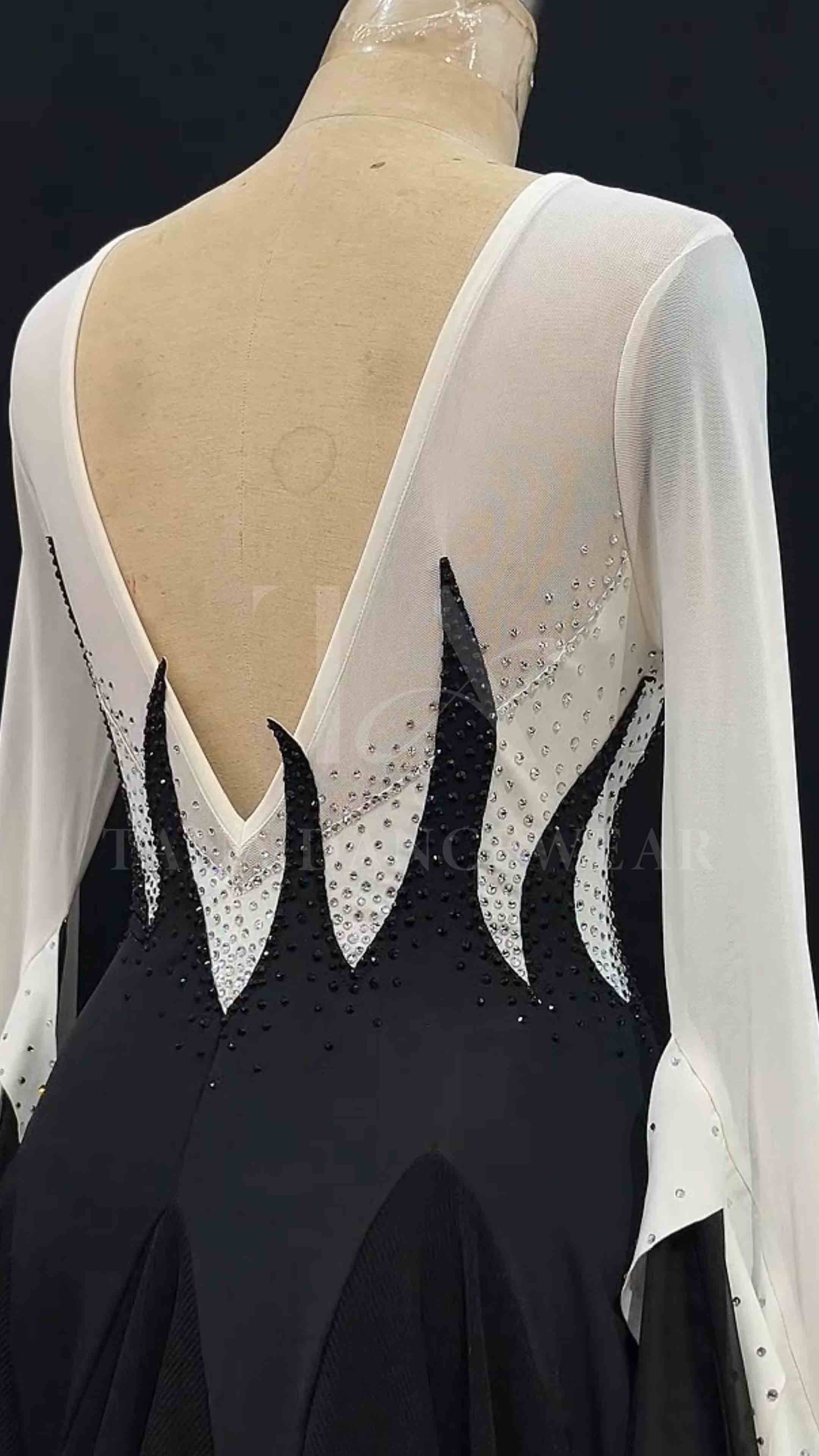 Custom Women Competition Latin Ballroom Dance Dress - Smooth, Salsa, Rumba, Swing- Lycra Mesh Feather (1) Black and white competition ballroom dance dress with ostrich feathers by Tana Dancewear
