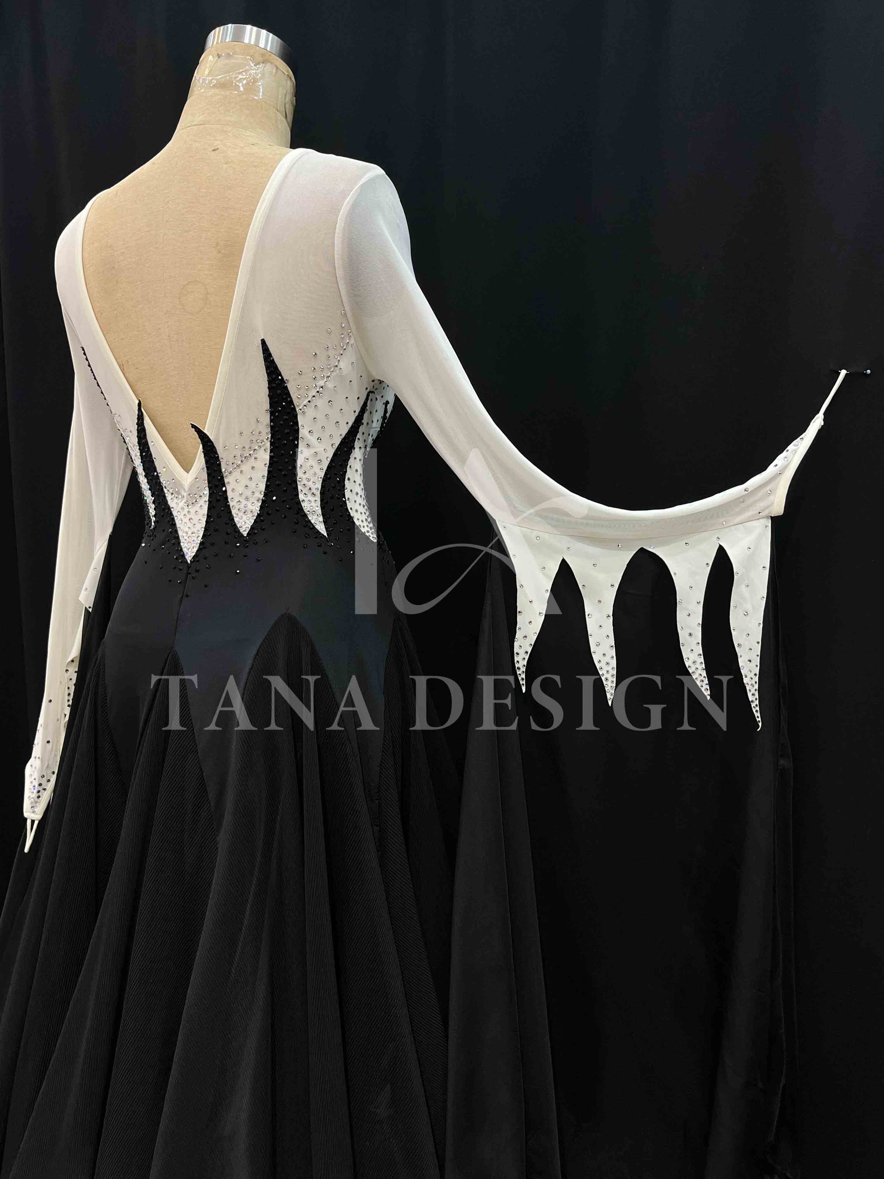Custom Women Competition Latin Ballroom Dance Dress - Smooth, Salsa, Rumba, Swing- Lycra Mesh Feather (10) Black and white competition ballroom dance dress with ostrich feathers by Tana Dancewear