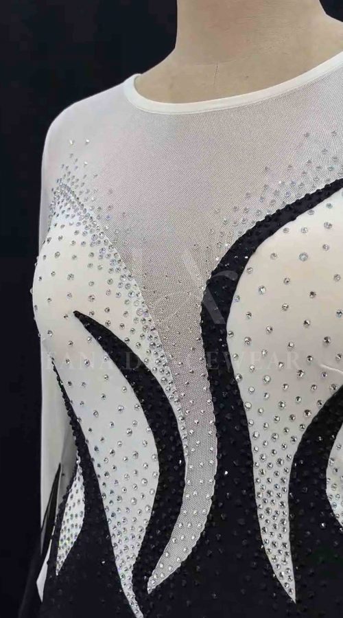 Black and white competition ballroom dance dress with ostrich feathers by Tana Dancewear
