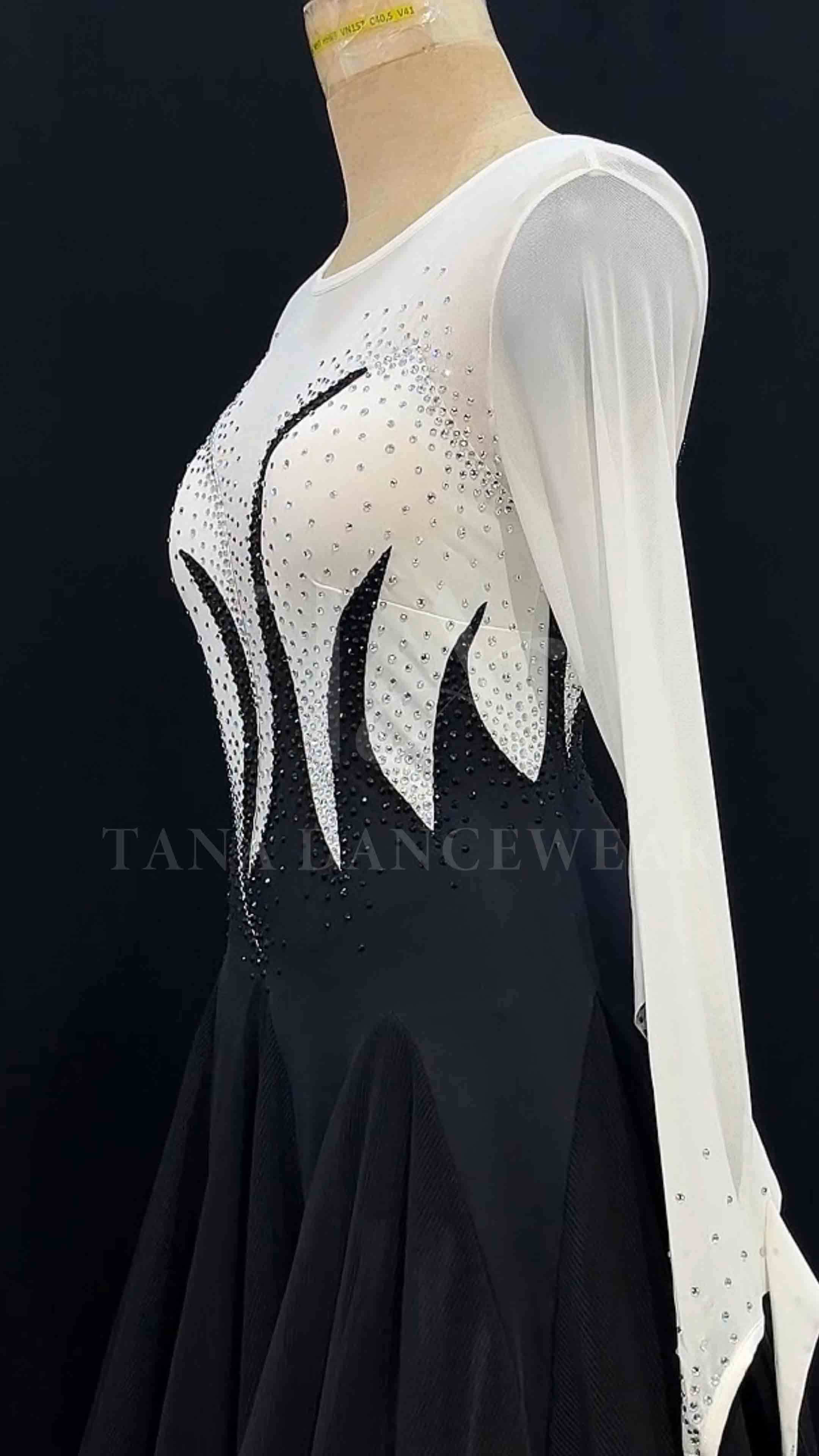 Custom Women Competition Latin Ballroom Dance Dress - Smooth, Salsa, Rumba, Swing- Lycra Mesh Feather (2) Black and white competition ballroom dance dress with ostrich feathers by Tana Dancewear