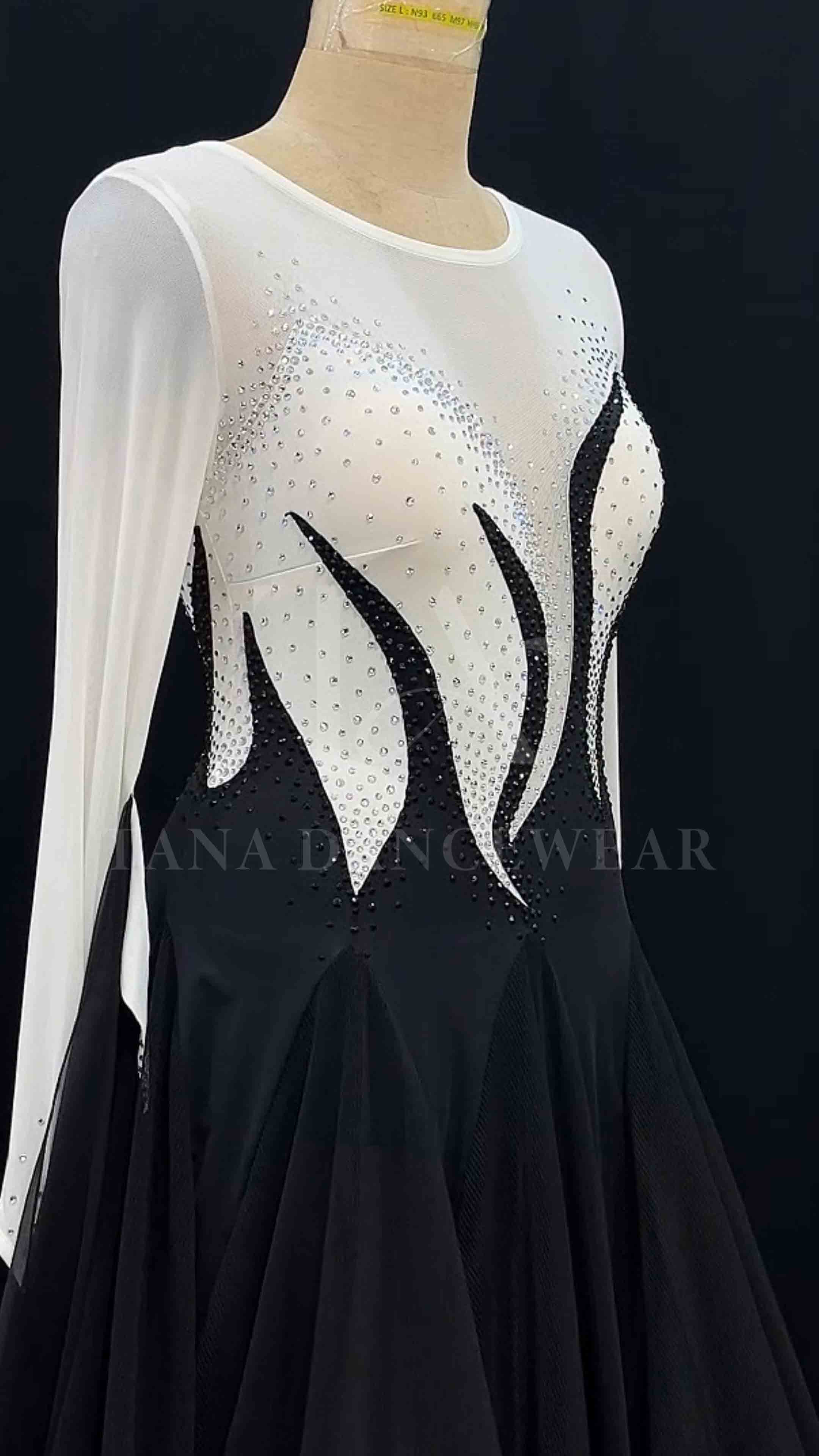 Custom Women Competition Latin Ballroom Dance Dress - Smooth, Salsa, Rumba, Swing- Lycra Mesh Feather (3) Black and white competition ballroom dance dress with ostrich feathers by Tana Dancewear