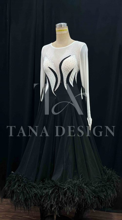 Black and white competition ballroom dance dress with ostrich feathers by Tana Dancewear