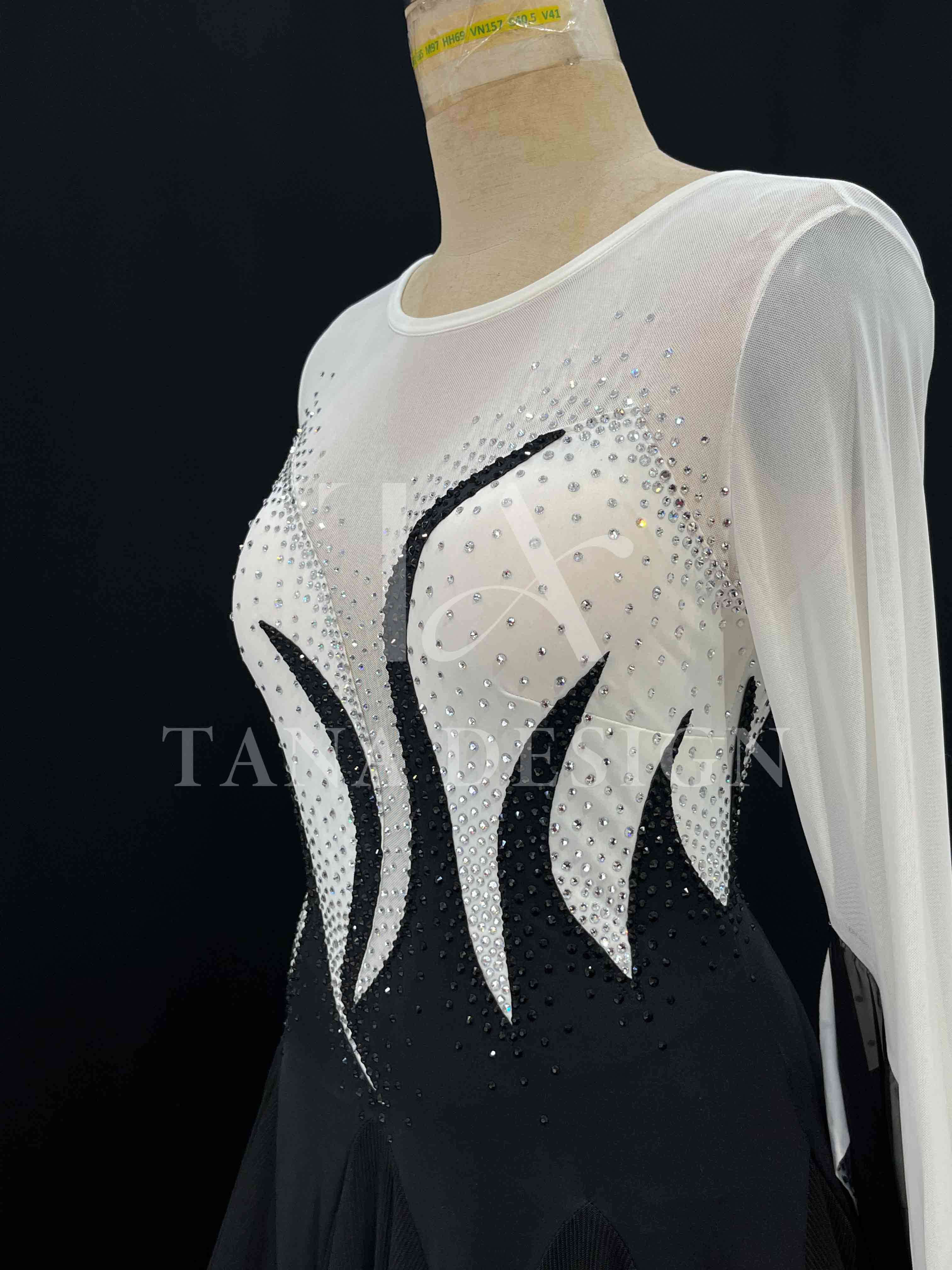 Custom Women Competition Latin Ballroom Dance Dress - Smooth, Salsa, Rumba, Swing- Lycra Mesh Feather (6) Black and white competition ballroom dance dress with ostrich feathers by Tana Dancewear