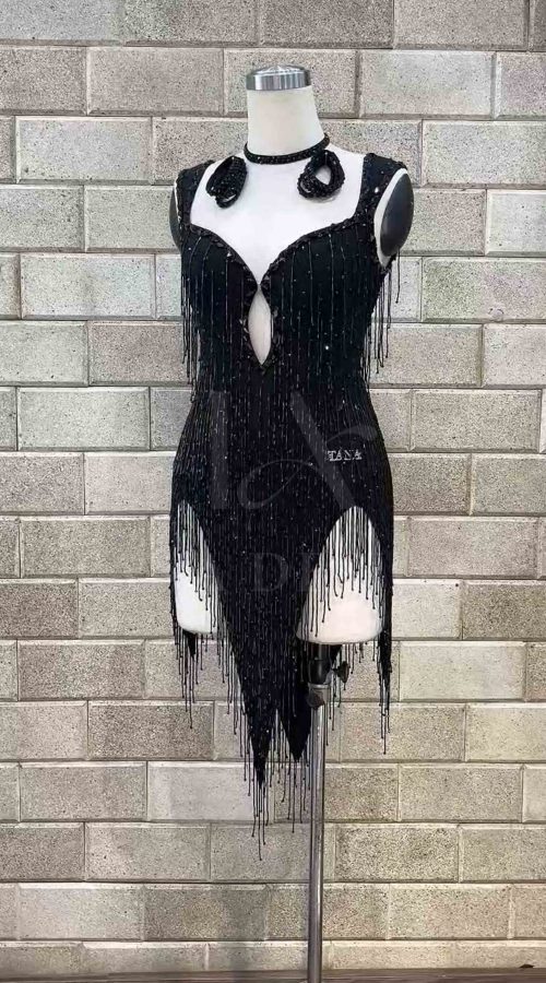 Black beaded fringe competition Latin dance dress by Tana Dancewear