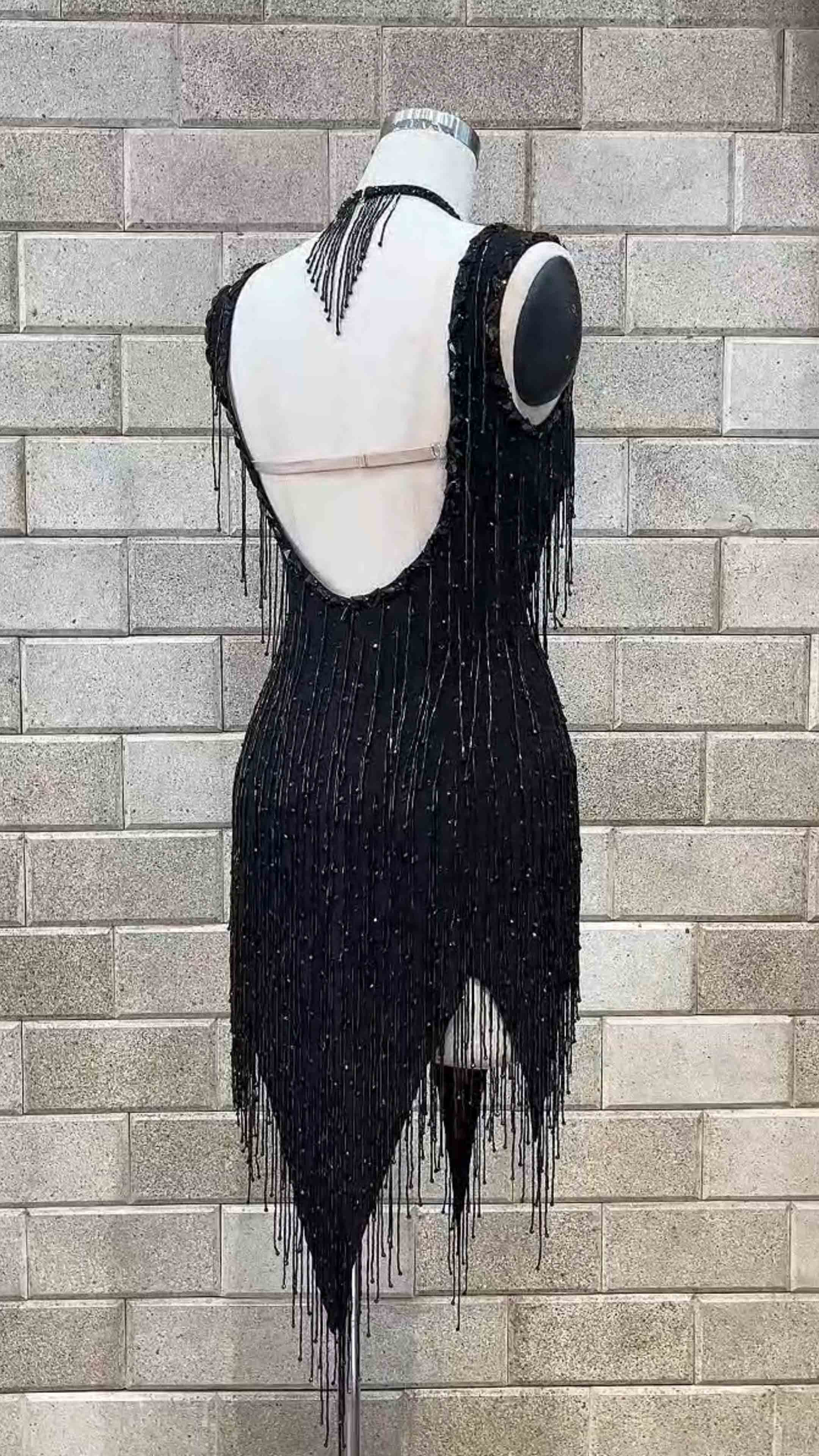 Custom-Women-Competition-Latin-Ballroom-Dance-Dress-Smooth-Salsa-Rumba-Swing-lycra-beaded-fringer-open-back (2) Black beaded fringe competition Latin dance dress by Tana Dancewear