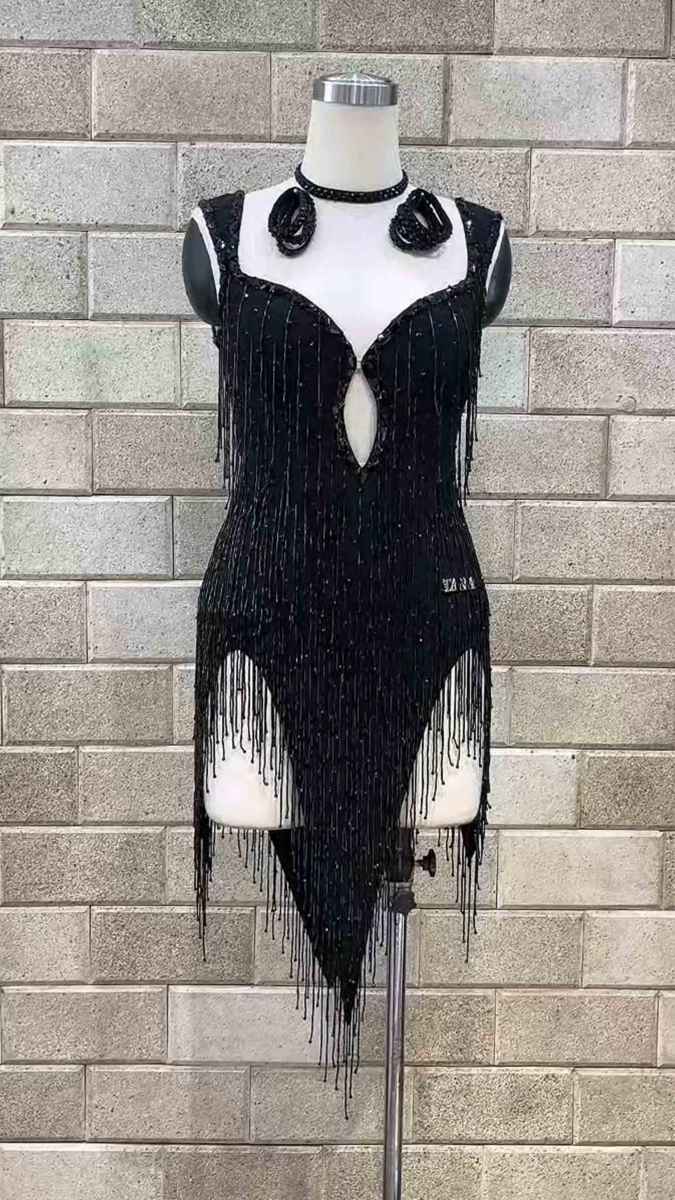 Custom-Women-Competition-Latin-Ballroom-Dance-Dress-Smooth-Salsa-Rumba-Swing-lycra-beaded-fringer-open-back (3) Black beaded fringe competition Latin dance dress by Tana Dancewear