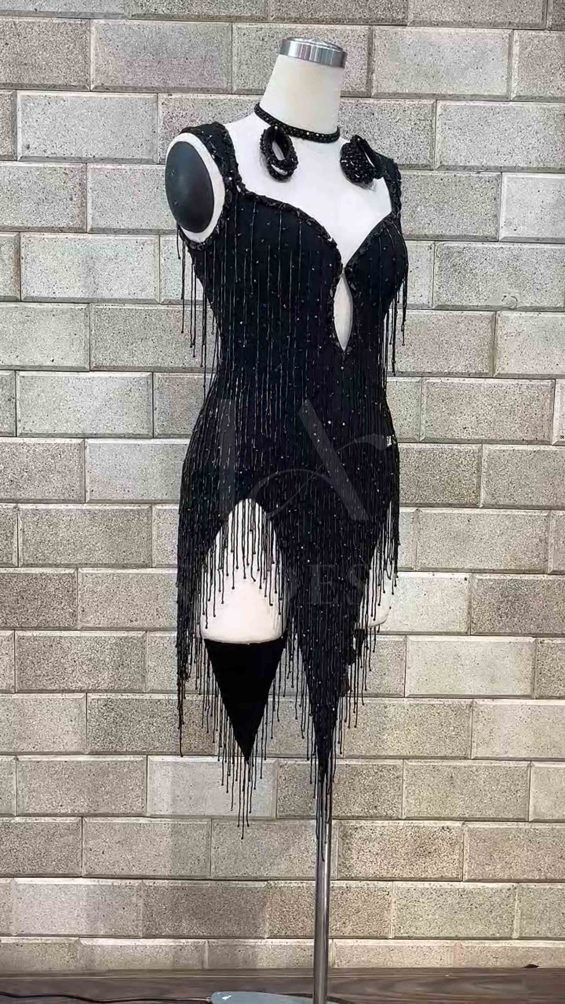 Custom-Women-Competition-Latin-Ballroom-Dance-Dress-Smooth-Salsa-Rumba-Swing-lycra-beaded-fringer-open-back (4) Black beaded fringe competition Latin dance dress by Tana Dancewear