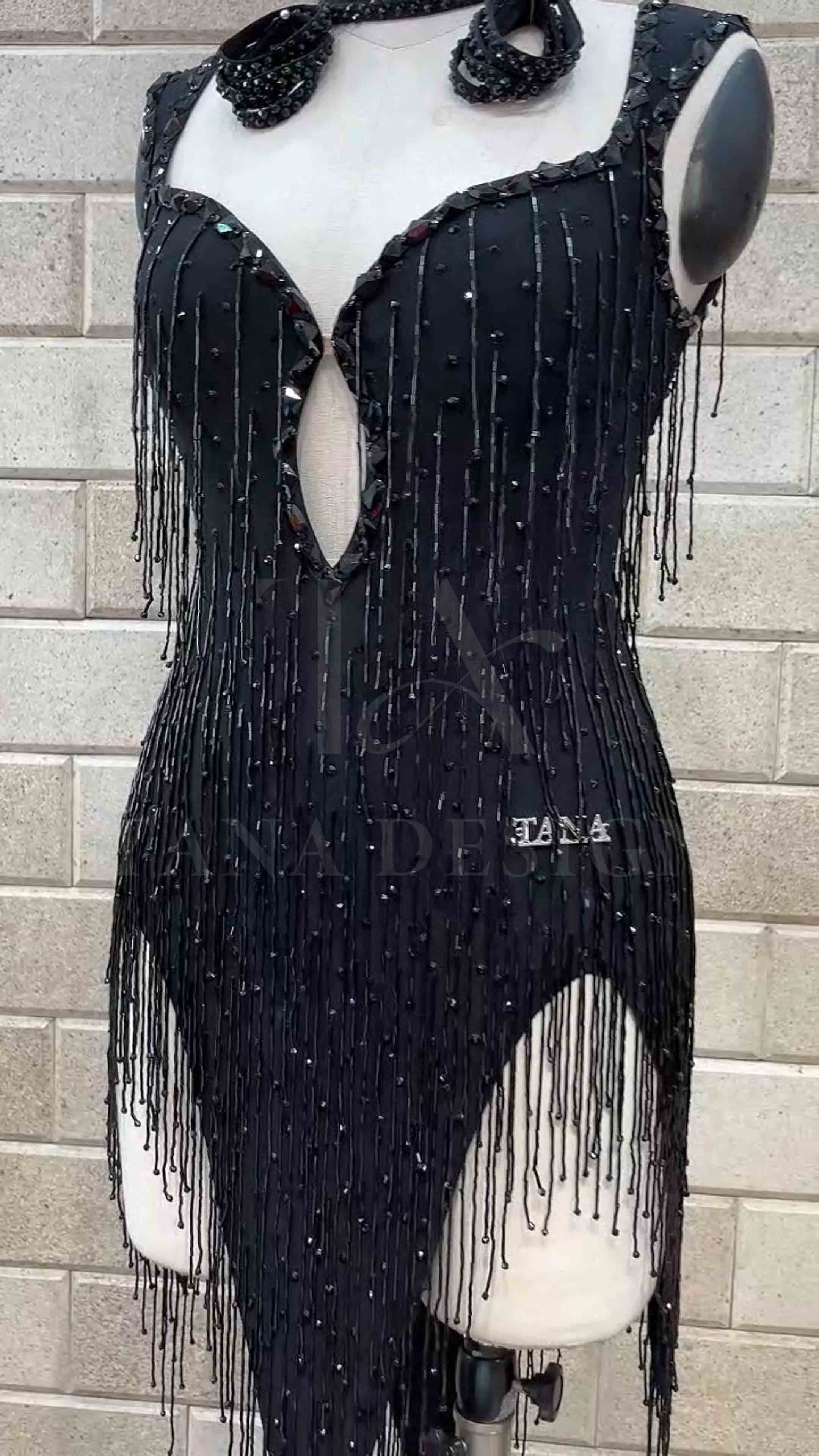 Custom-Women-Competition-Latin-Ballroom-Dance-Dress-Smooth-Salsa-Rumba-Swing-lycra-beaded-fringer-open-back (5) Black beaded fringe competition Latin dance dress by Tana Dancewear