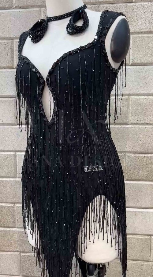 Black beaded fringe competition Latin dance dress by Tana Dancewear