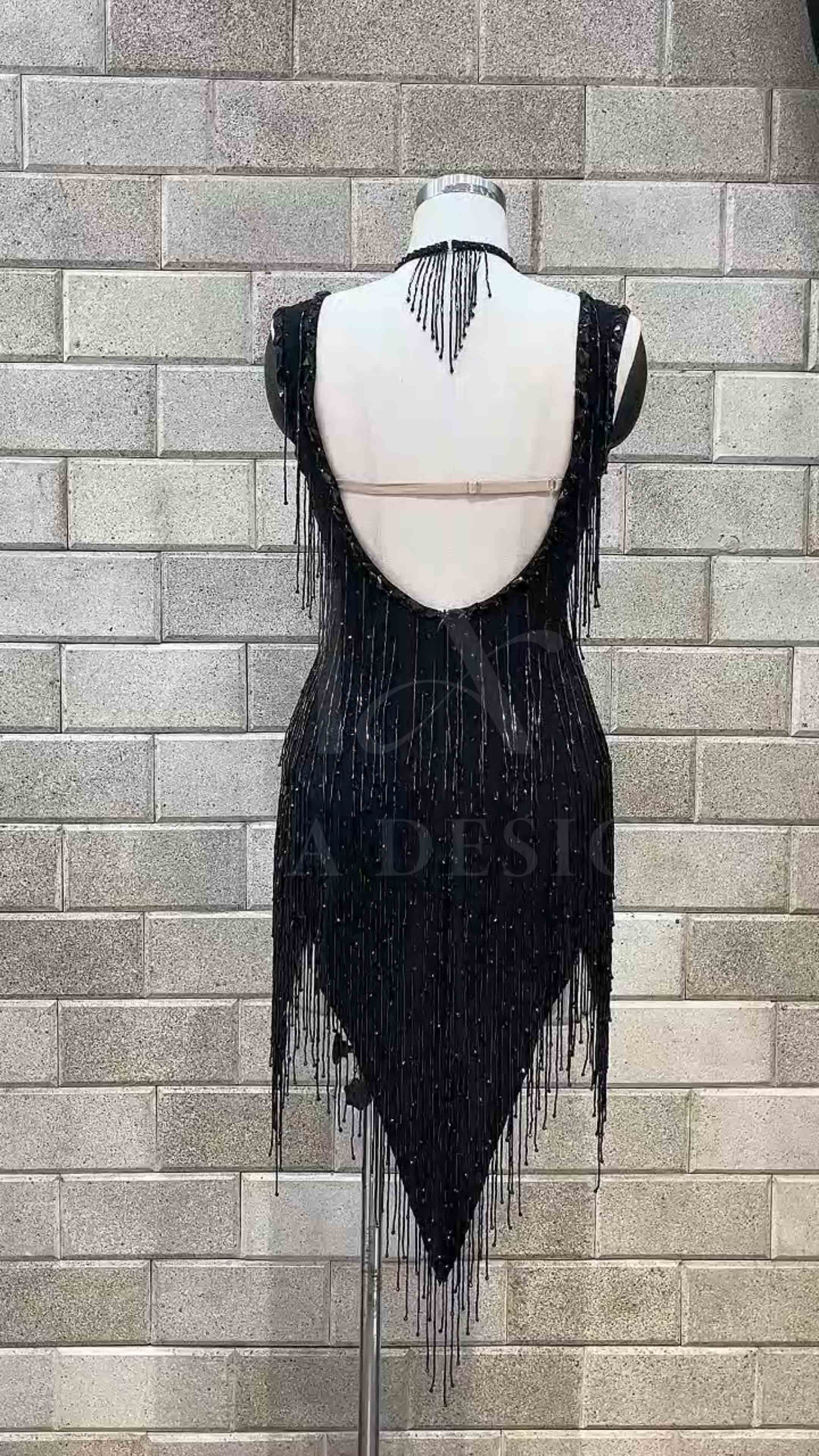Custom-Women-Competition-Latin-Ballroom-Dance-Dress-Smooth-Salsa-Rumba-Swing-lycra-beaded-fringer-open-back (7) Black beaded fringe competition Latin dance dress by Tana Dancewear