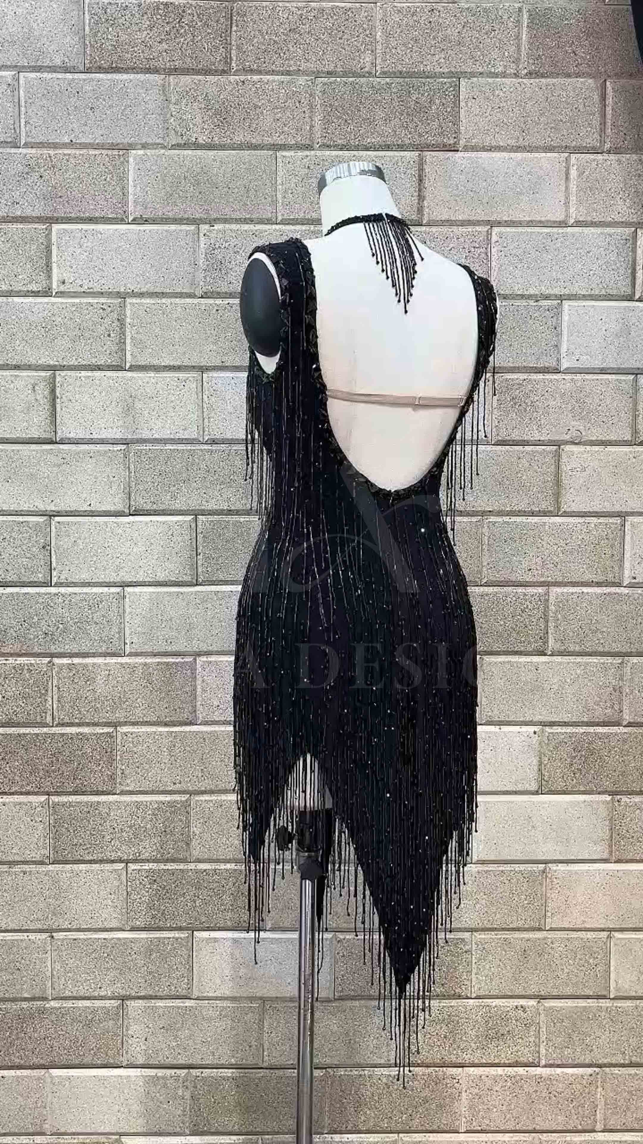 Custom-Women-Competition-Latin-Ballroom-Dance-Dress-Smooth-Salsa-Rumba-Swing-lycra-beaded-fringer-open-back (8) Black beaded fringe competition Latin dance dress by Tana Dancewear