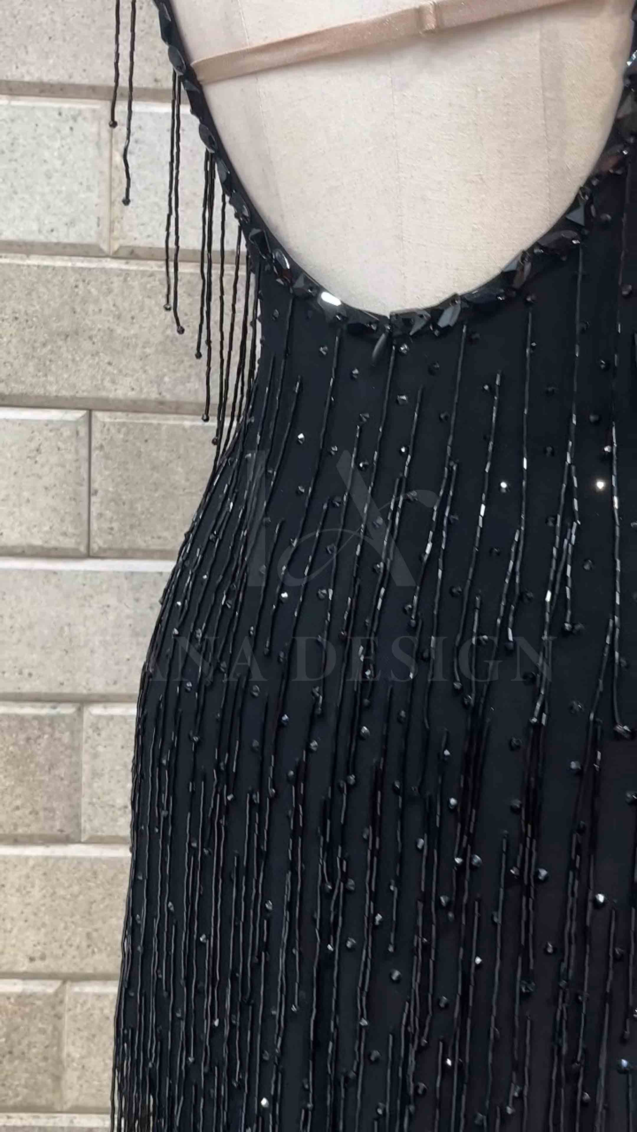 Custom-Women-Competition-Latin-Ballroom-Dance-Dress-Smooth-Salsa-Rumba-Swing-lycra-beaded-fringer-open-back (9) Black beaded fringe competition Latin dance dress by Tana Dancewear