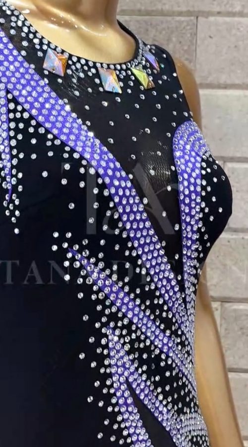 Black and purple rhinestone Latin competition dance dress by Tana Dancewear