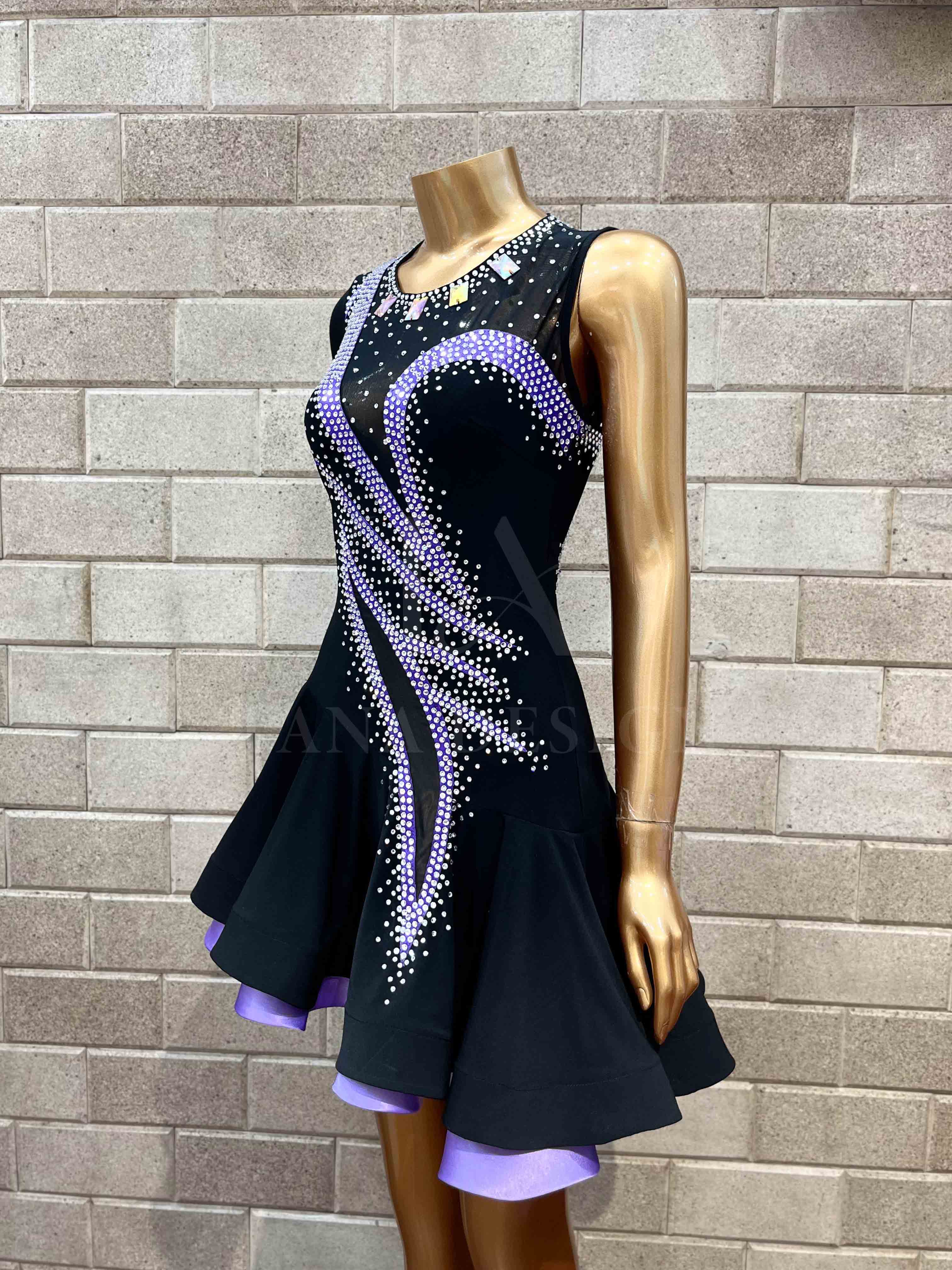 black-purple-latin-competition-dance-latin-dress-tana-dancewear (10) Black and purple rhinestone Latin competition dance dress by Tana Dancewear