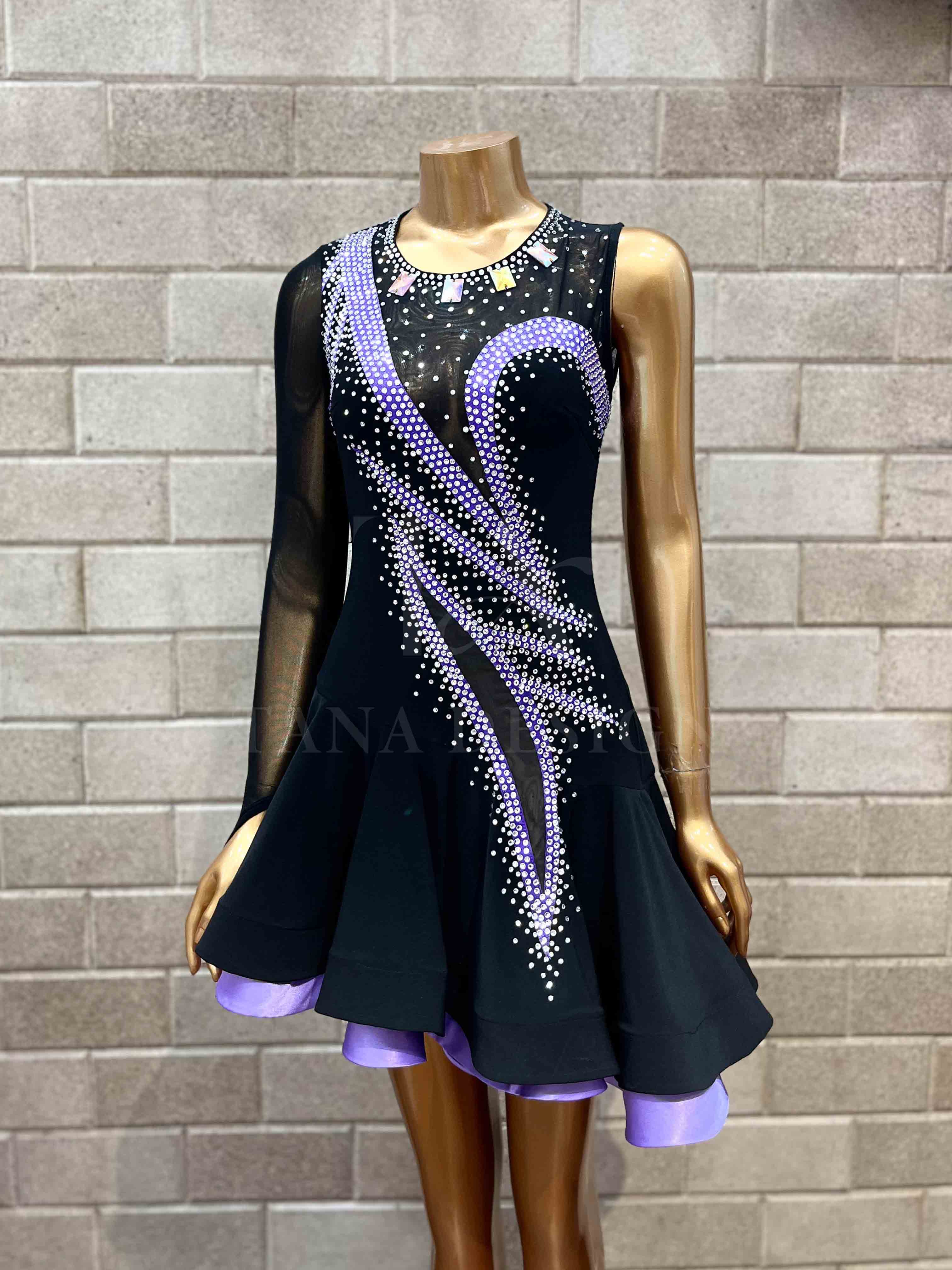 black-purple-latin-competition-dance-latin-dress-tana-dancewear (5) Black and purple rhinestone Latin competition dance dress by Tana Dancewear