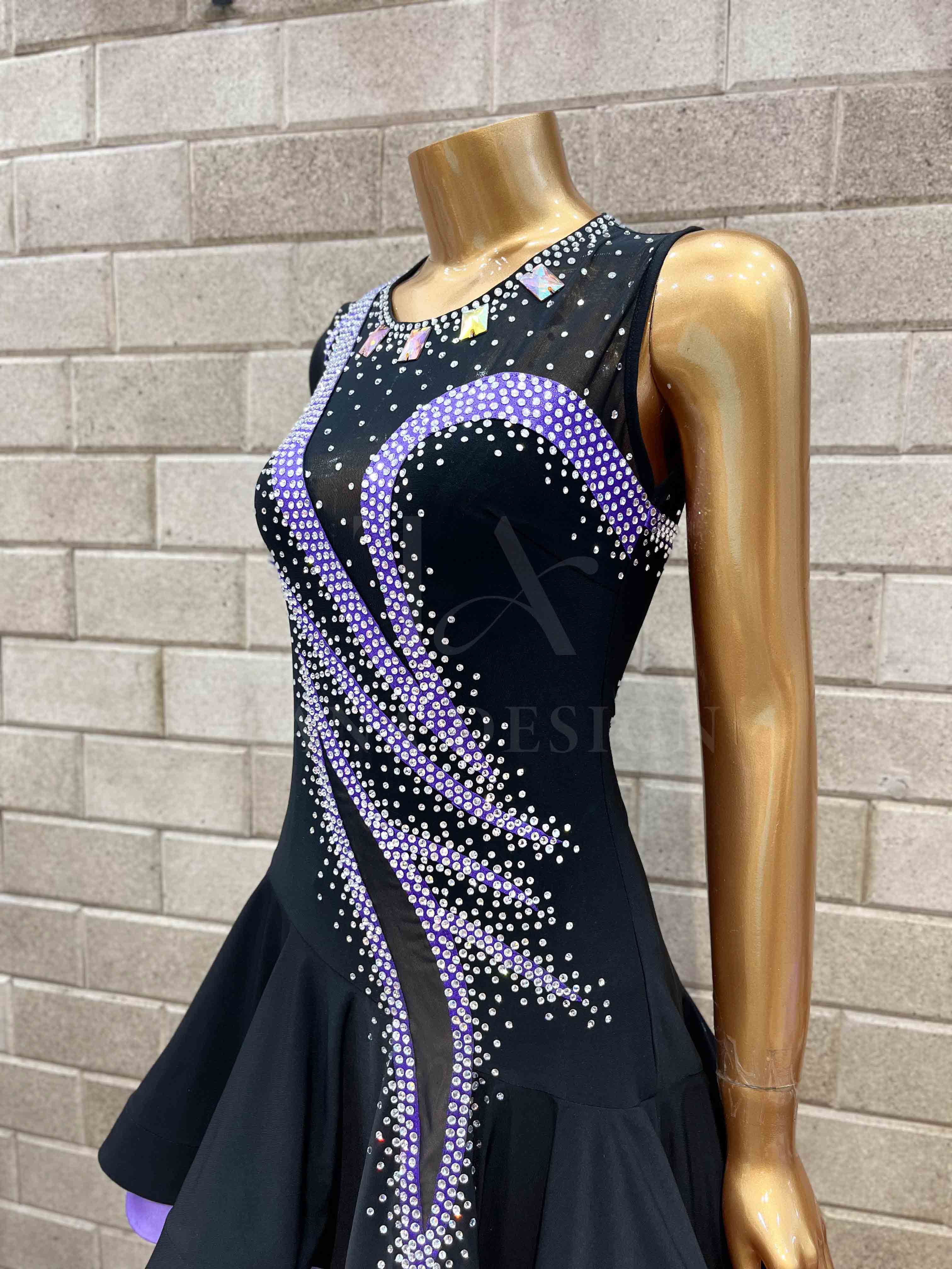 black-purple-latin-competition-dance-latin-dress-tana-dancewear (6) Black and purple rhinestone Latin competition dance dress by Tana Dancewear