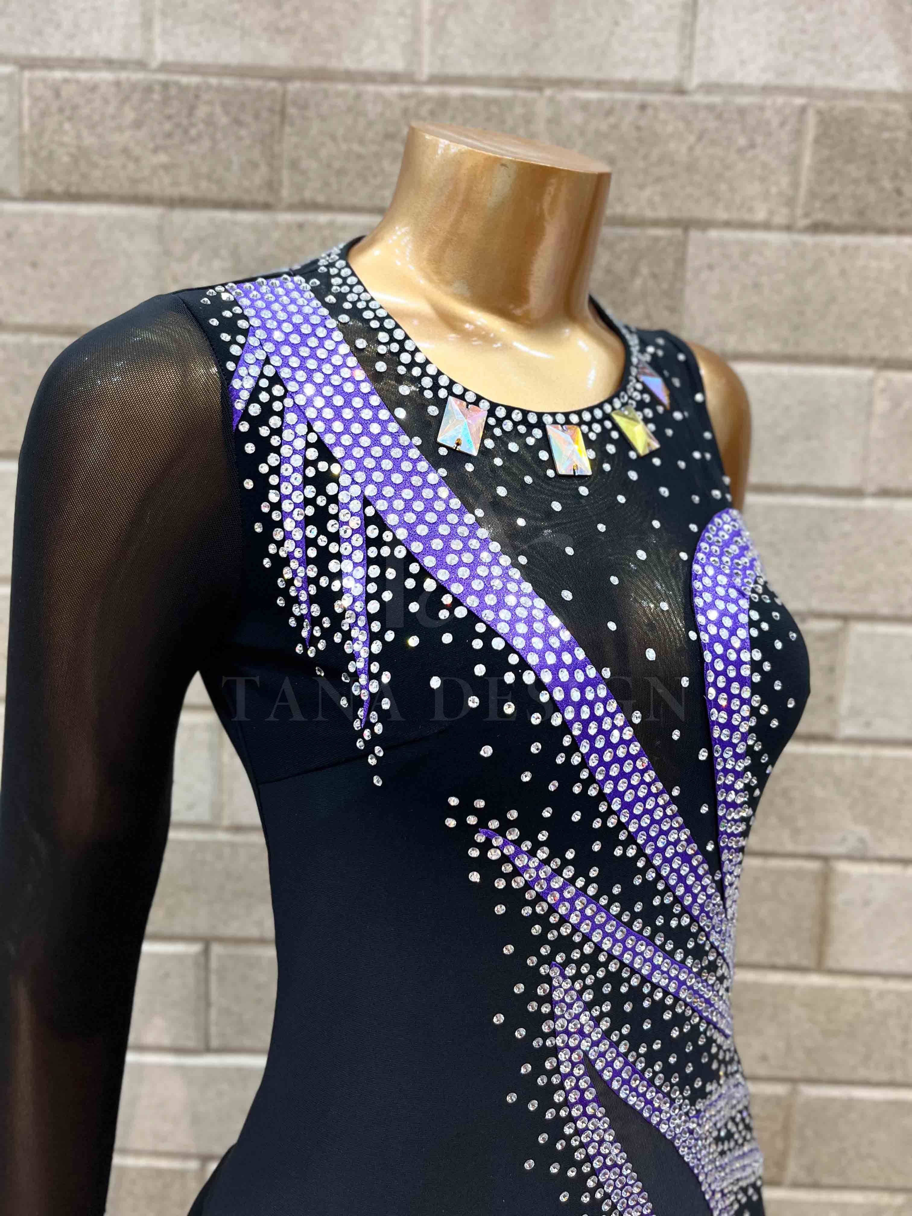 black-purple-latin-competition-dance-latin-dress-tana-dancewear (7) Black and purple rhinestone Latin competition dance dress by Tana Dancewear