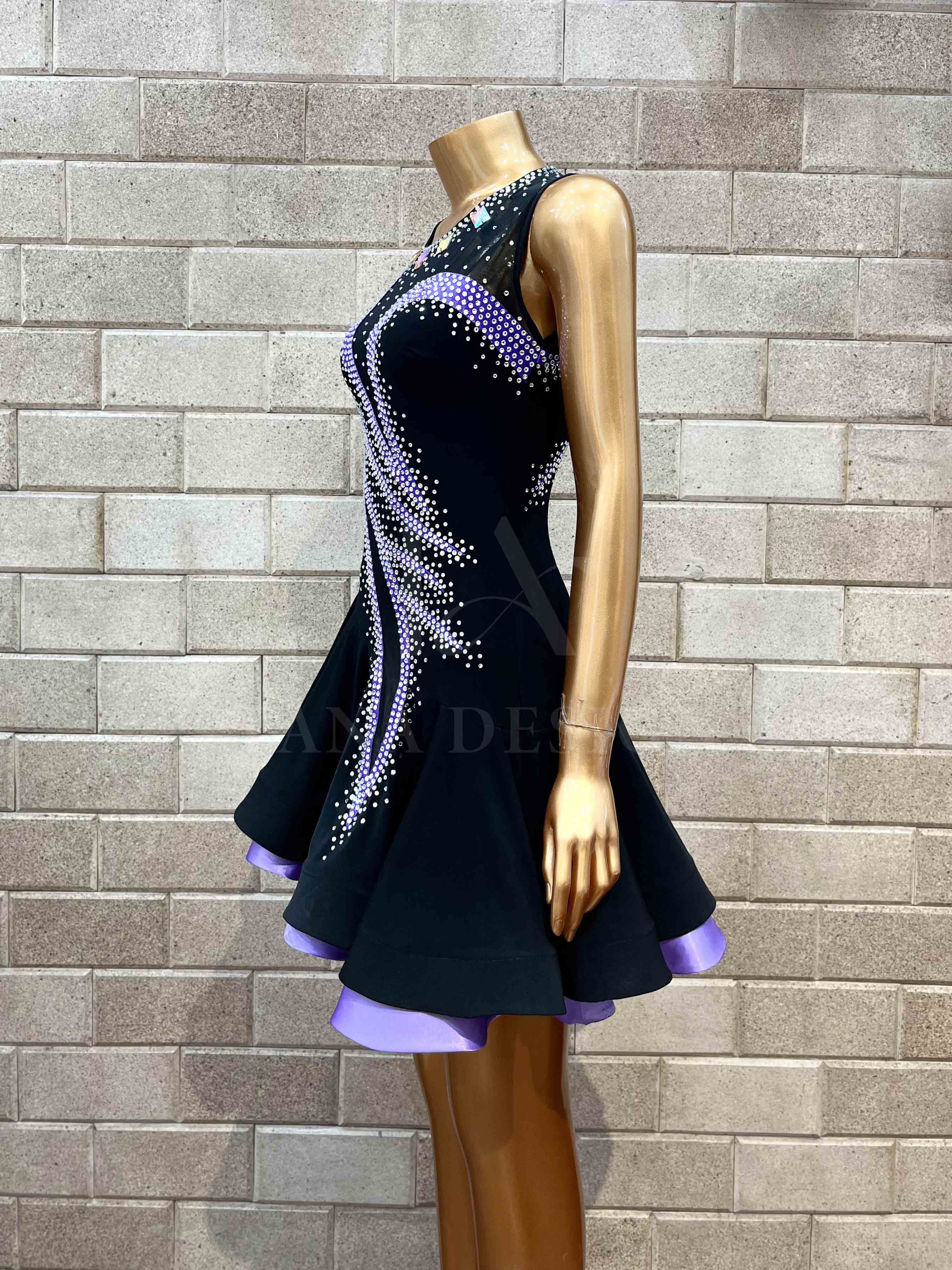 black-purple-latin-competition-dance-latin-dress-tana-dancewear (8) Black and purple rhinestone Latin competition dance dress by Tana Dancewear