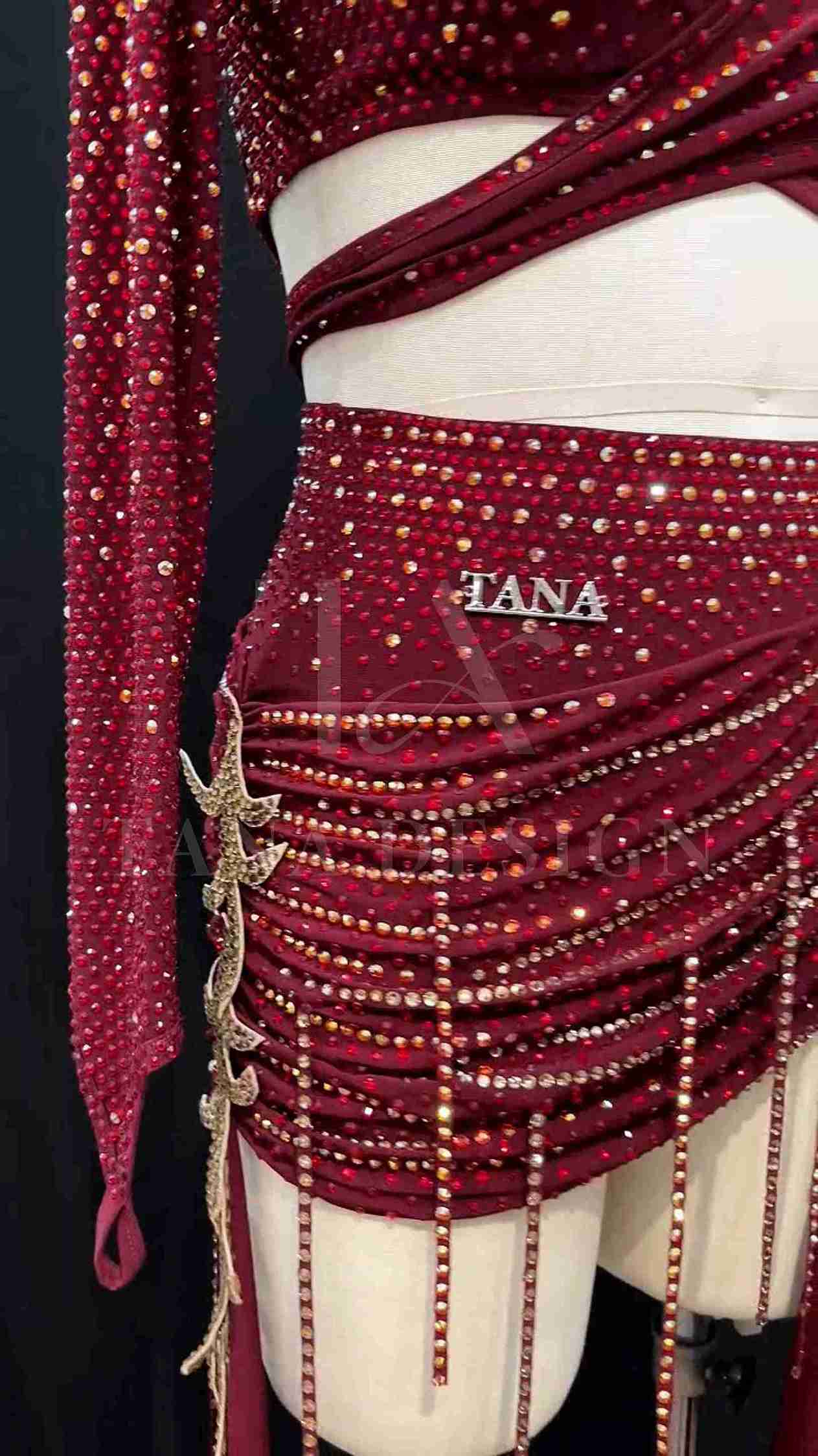 burgundy-two-piece-competition-dance-dress-tana-dancewear (1)_1_11zon Burgundy two-piece Latin dance costume with rhinestones, long sleeves, and fringe skirt details.