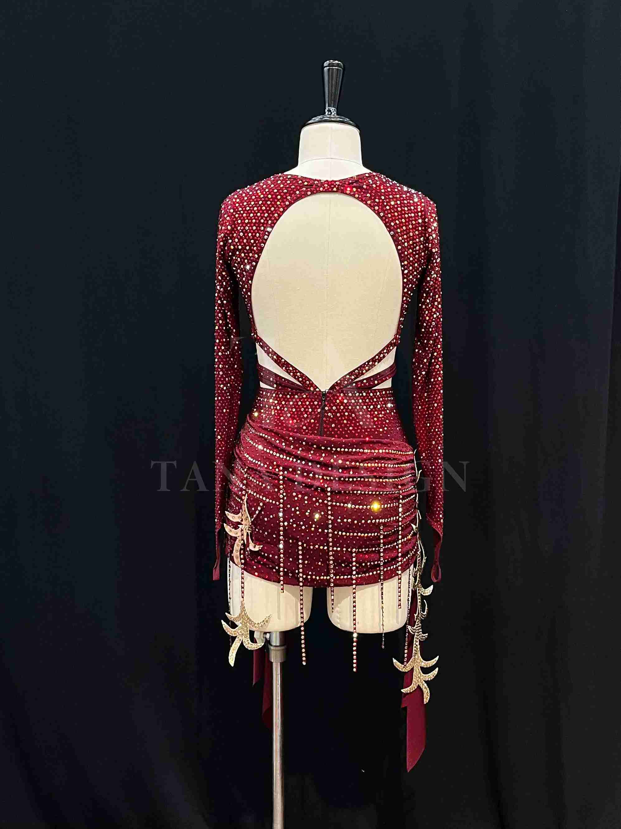 burgundy-two-piece-competition-dance-dress-tana-dancewear (8)_8_11zon Burgundy two-piece Latin dance costume with rhinestones, long sleeves, and fringe skirt details.