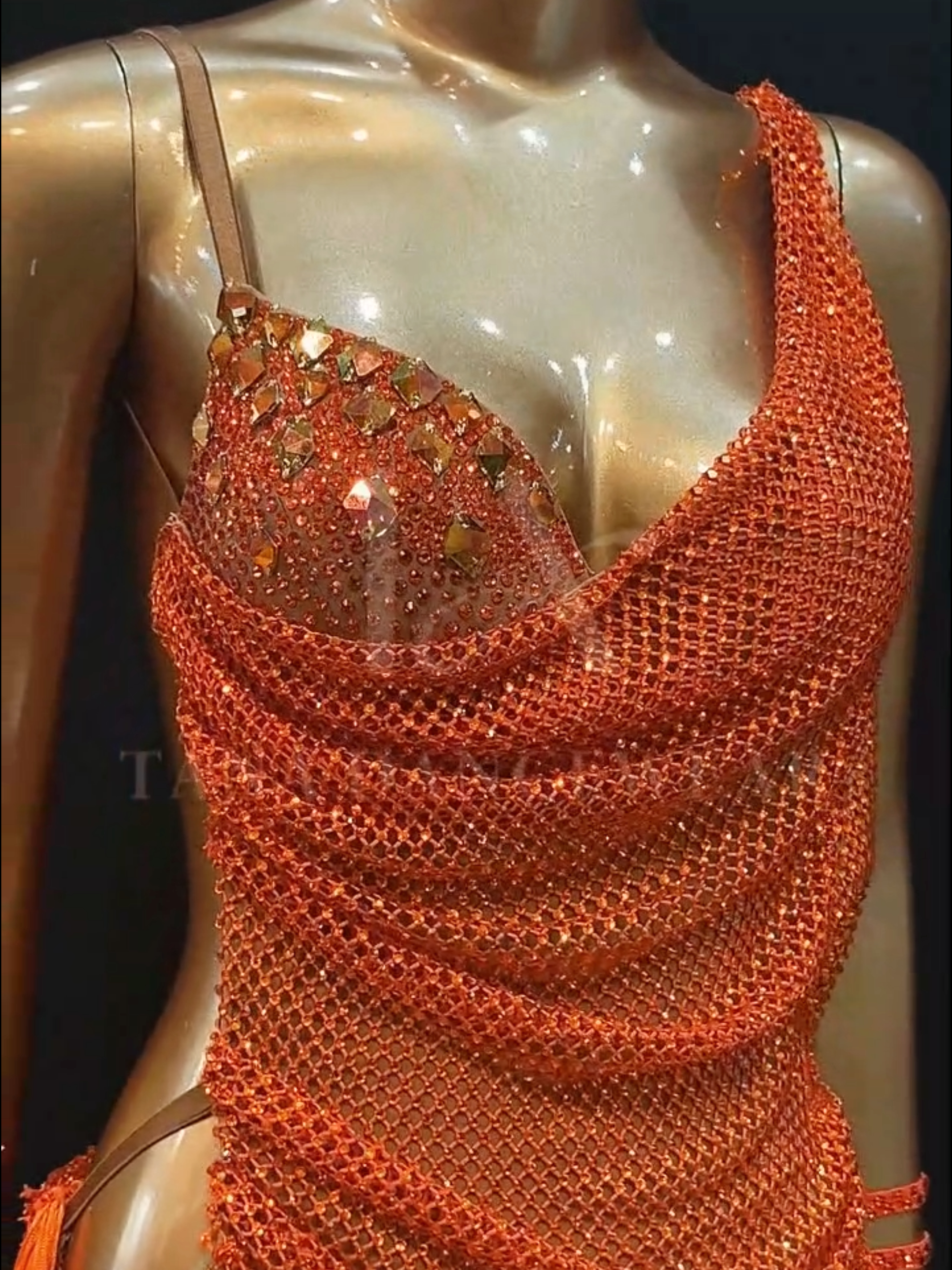 tana-women-competition-latin-dance-dress-orange-open-back (3) Sparkly orange open-back women competition Latin dance dress with lycra mesh, fringe and rhinestone details by Tana Dancewear.
