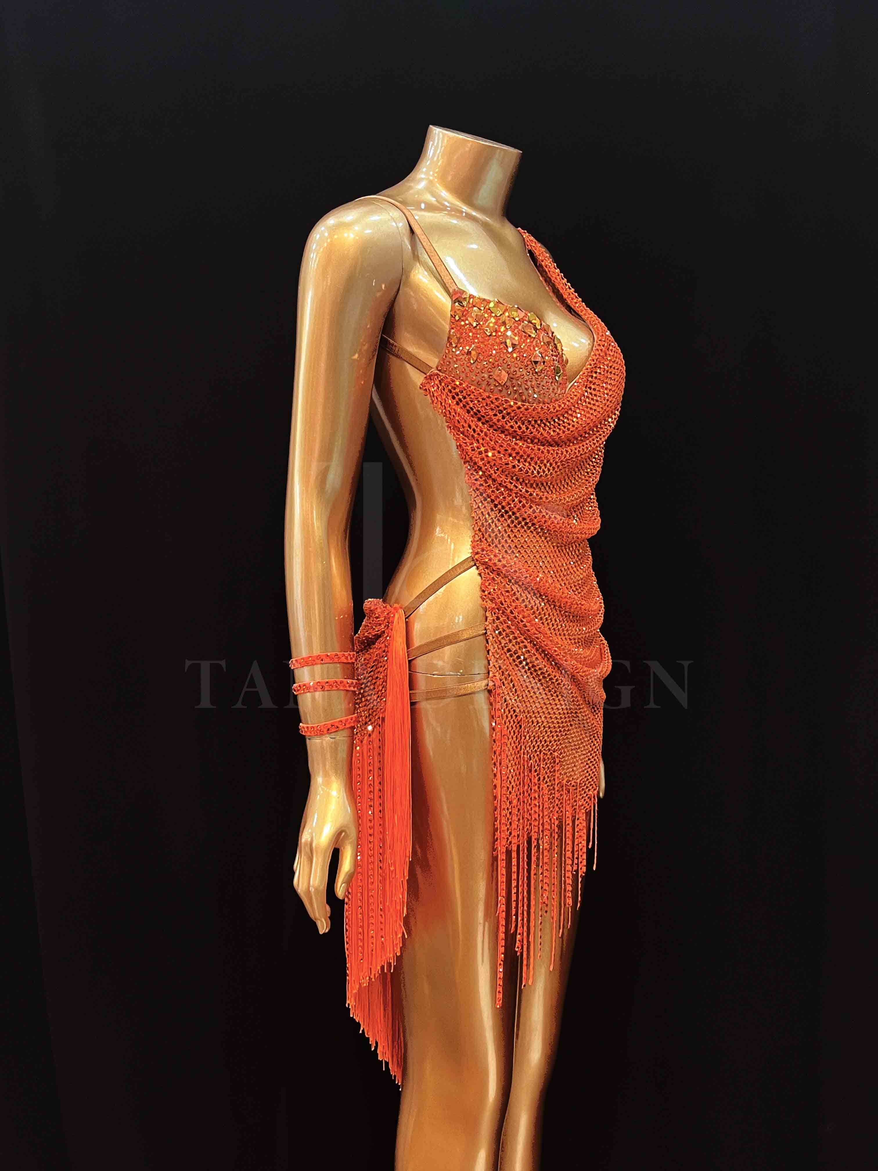 tana-women-competition-latin-dance-dress-orange-open-back (7) Sparkly orange open-back women competition Latin dance dress with lycra mesh, fringe and rhinestone details by Tana Dancewear.