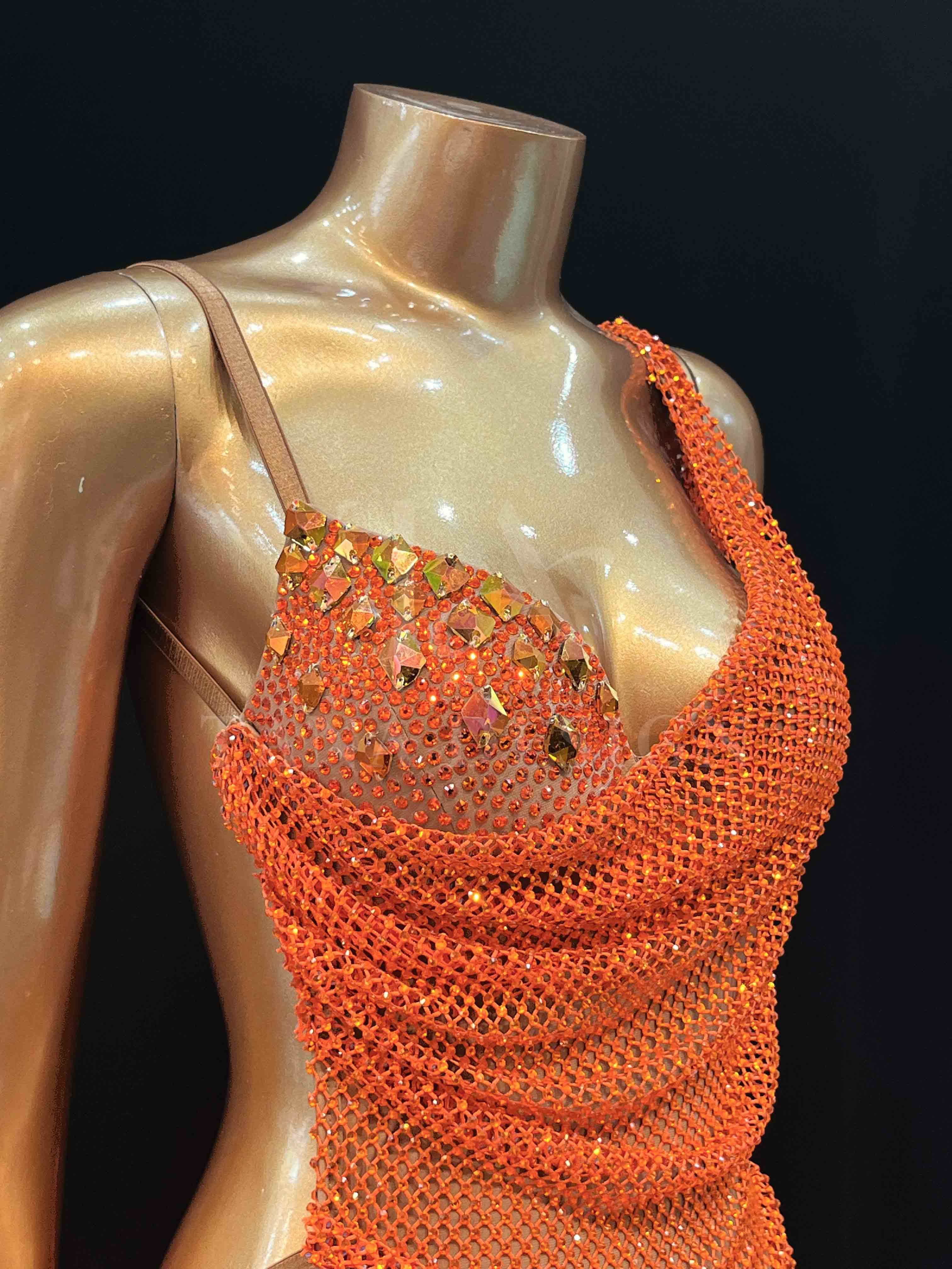 tana-women-competition-latin-dance-dress-orange-open-back (9) Sparkly orange open-back women competition Latin dance dress with lycra mesh, fringe and rhinestone details by Tana Dancewear.