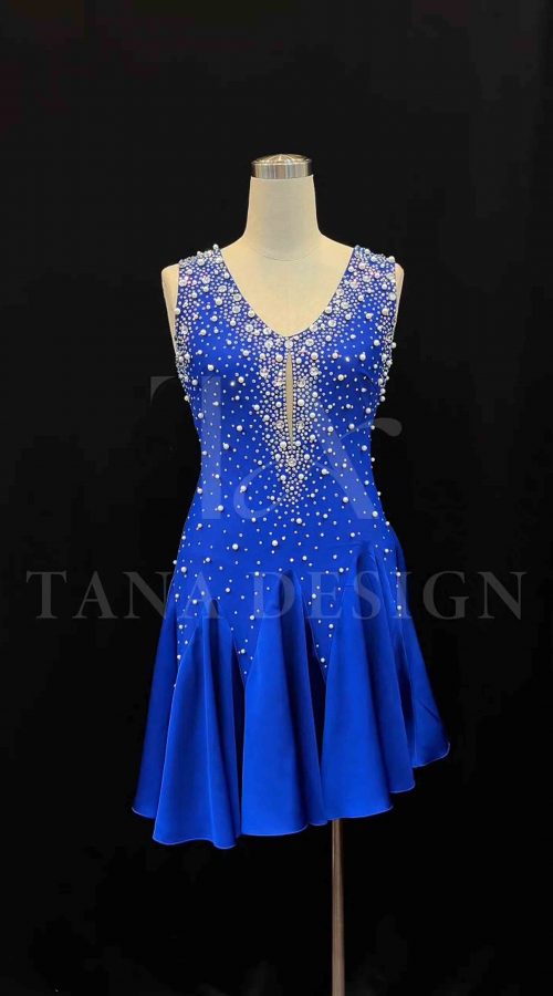 Royal blue women competition Latin dance dress embellished with pearls and rhinestones by Tana Dancewear.